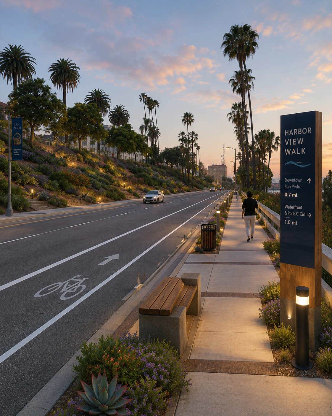 Illustrative golden-hour Miner Street concept view with native planting, seating, lighting and a possible Harbor View Walk sign.