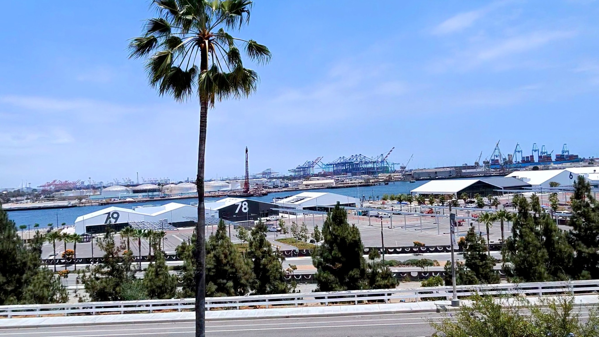 San Pedro waterfront and West Harbor viewed from the bluff, with the Port of Los Angeles across the channel.