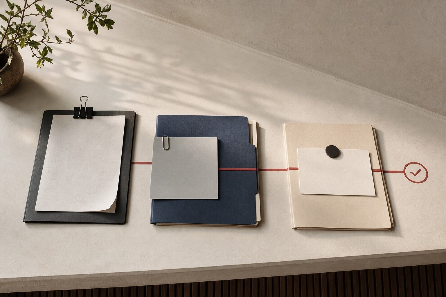 Three work folders connected by one continuous red line ending in a completed check, representing accountable handoffs from intake through closeout.