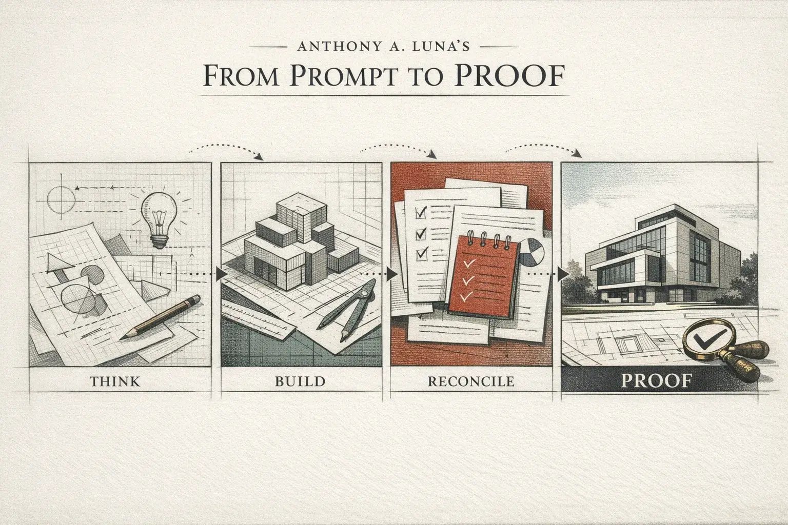 A notebook, structured project materials, and software work arranged as three connected stages from thinking to proof.