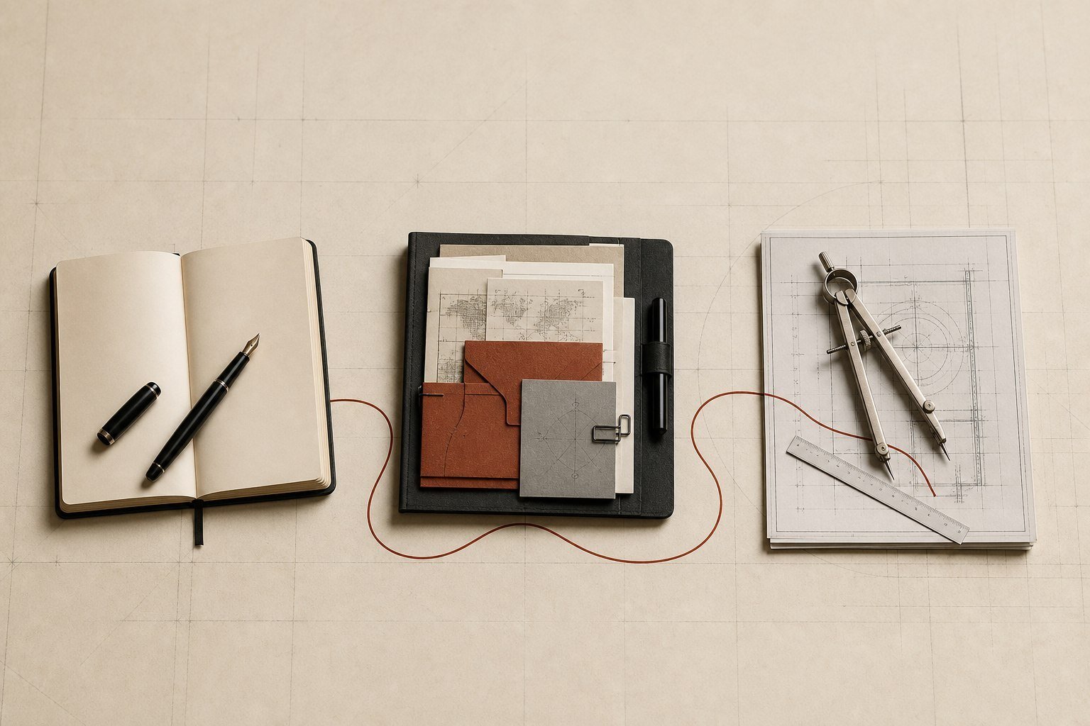 Notebook, project folio, and drafting tools connected by a red line, representing thinking, coordinated work, and software execution.