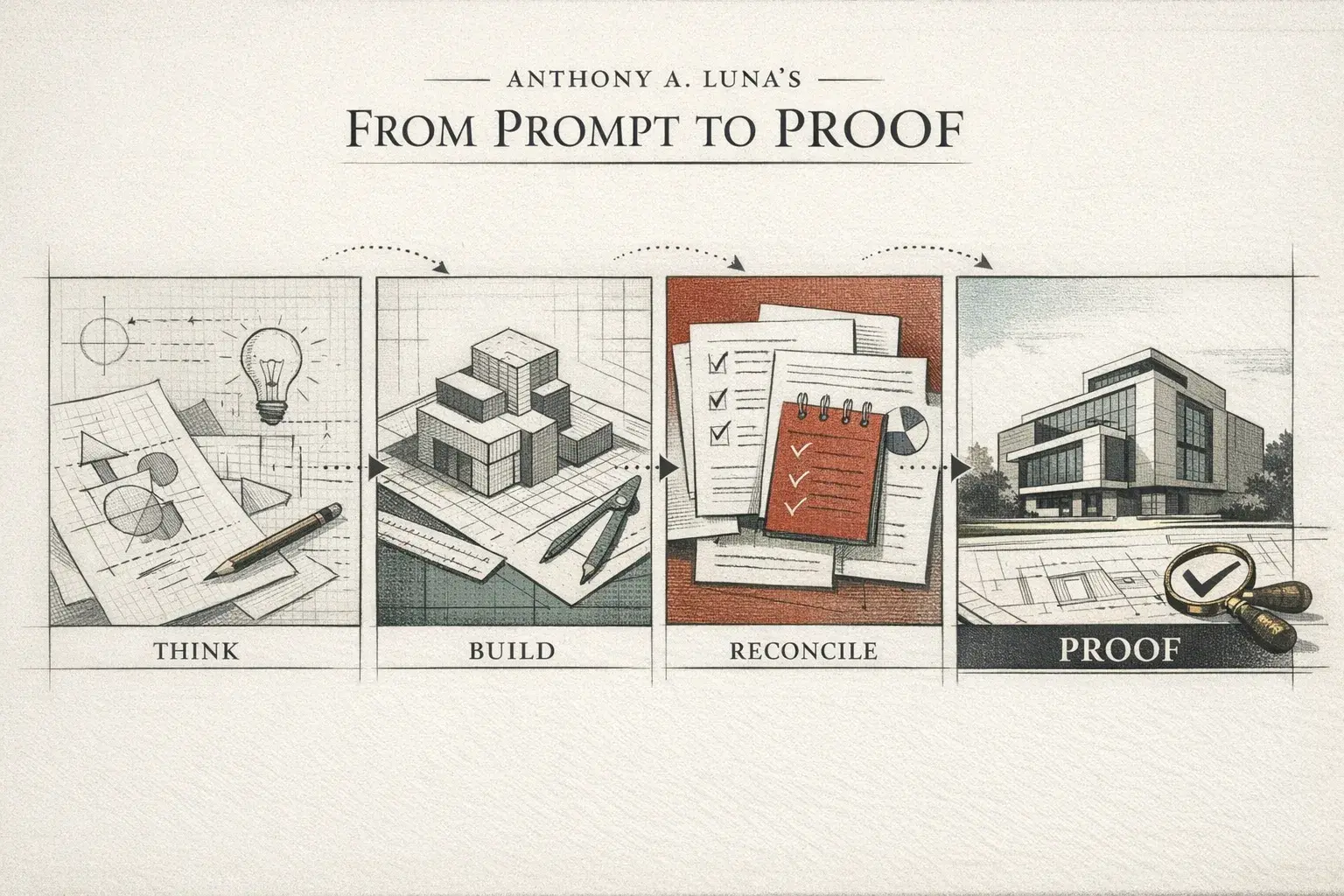 Think, Build, and Reconcile operating stages flowing toward verified Proof.