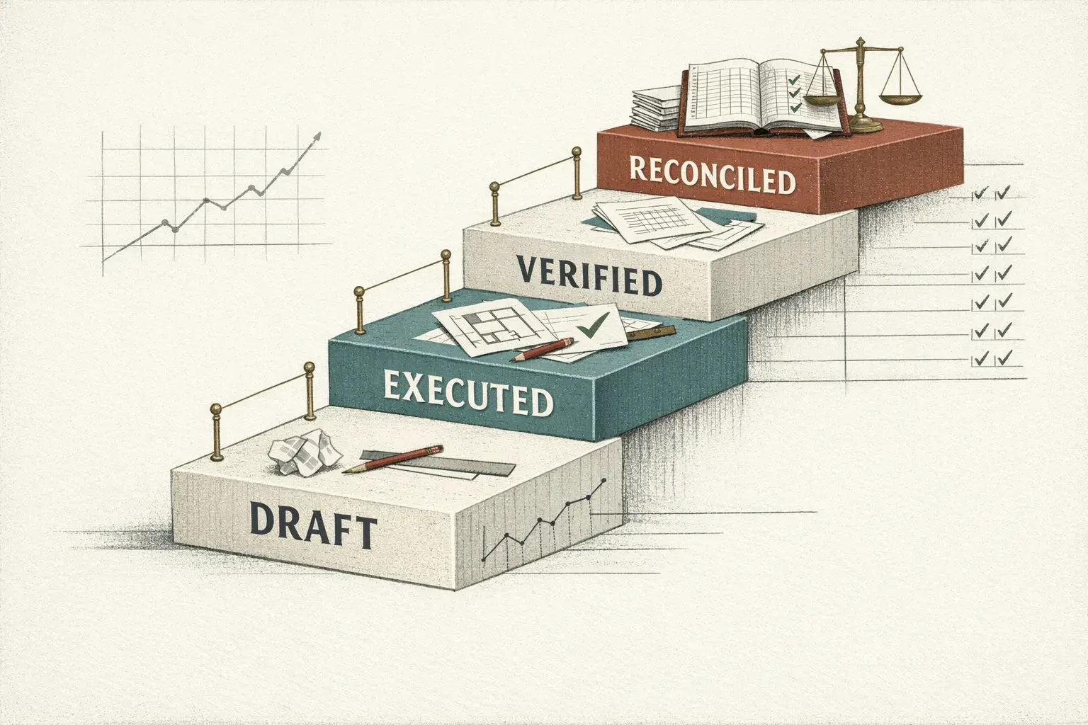 A proof ladder ascending from Draft to Executed, Verified, and Reconciled.